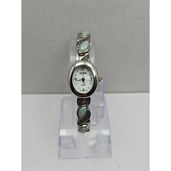 Gruen Womens Quartz Watch Jade Marcasite Bracelet Silver Tone MOP New Battery - Picture 1 of 10
